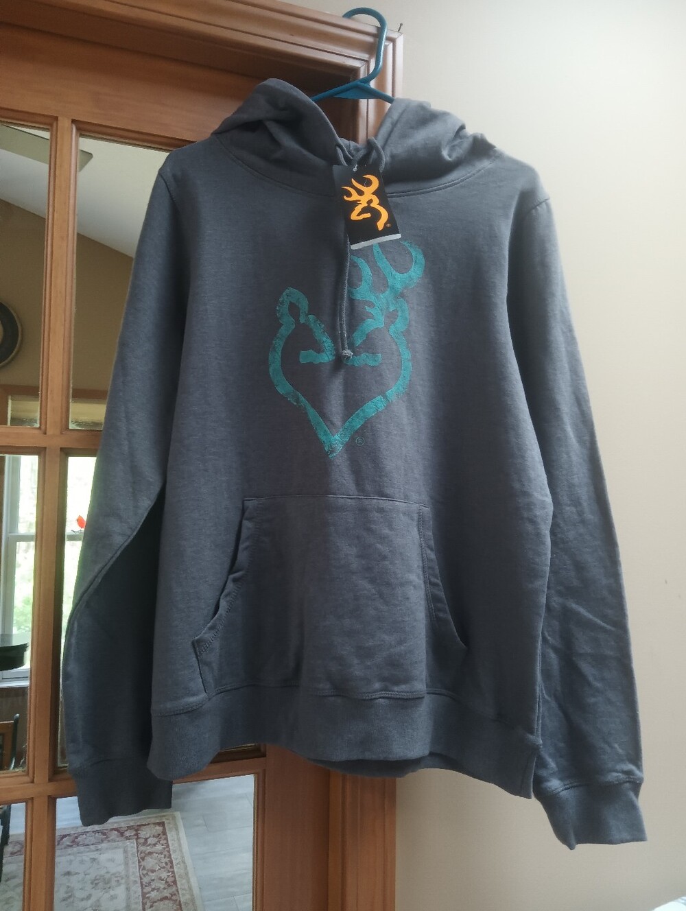 Unisex Gray Hoodie Sweatshirt with Teal Heart Logo